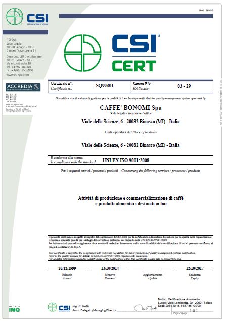 Káva BONOMI - certifikát kvality